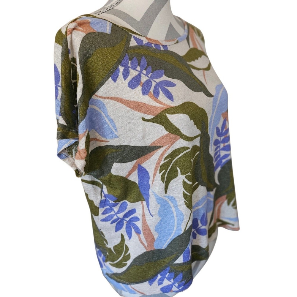 C&C California Women L Linen Tropical Leaf Print Button Back Short Sleeve Top